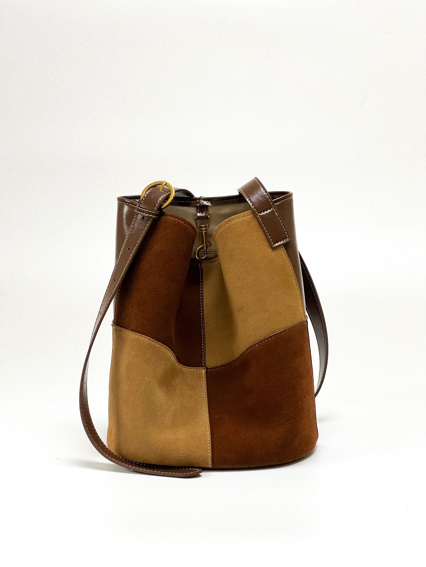 Plaid Suede Woman Bucket Bag | Cowhide Leather Shoulder Bag with Leather Strap